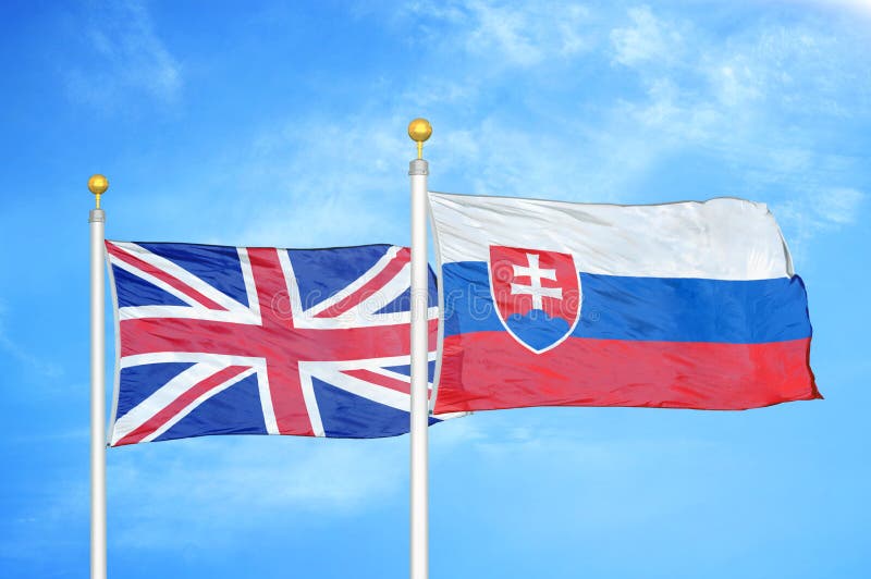 Veľká Británia a Slovensko dve vlajky na stožiaroch a modrá zamračená obloha