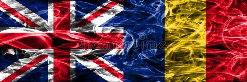 United Kingdom vs Romania smoke flags placed side by side. Thick colored silky smoke flags of Great Britain and Romania stock illustration