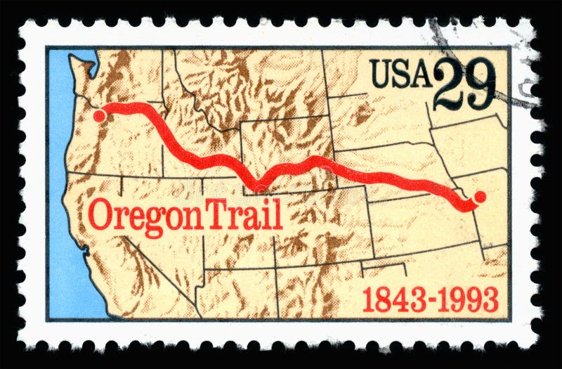 United States of America cancelled postage stamp showing an image of the anniversary of the Oregon Trail