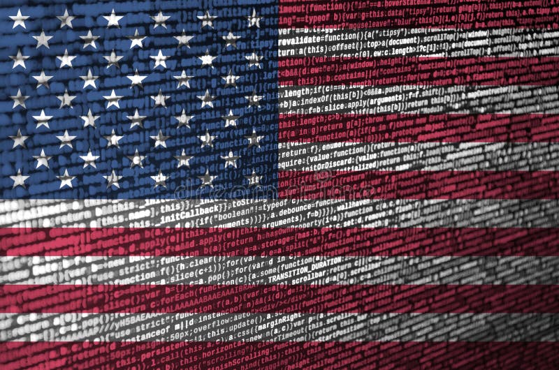 United States of America flag is depicted on the screen with the program code. The concept of modern technology and site development