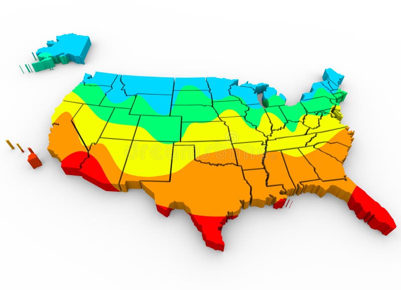 Mapa Spojených Států Amerických s regiony barevné značení pro ilustraci průměrných teplot s nejžhavějších oblastí v červené a nejchladnější modře.