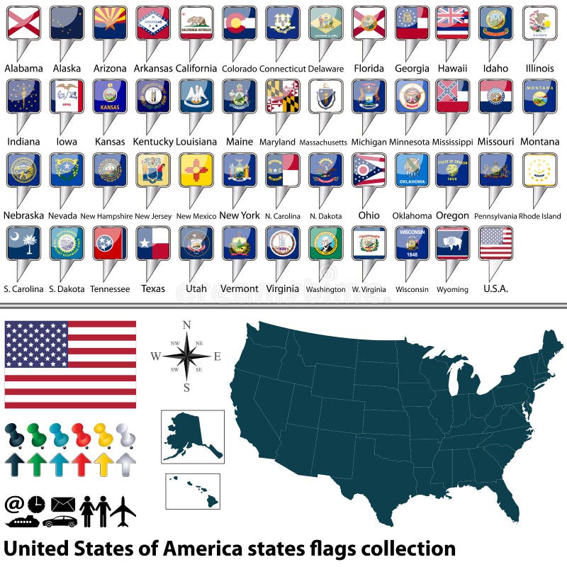 United States of America states flags collection. Vector of map United States of America with all states flags collection vector illustration United States of America states flags collection. Vector of map United States of America with all states flags collection vector illustration