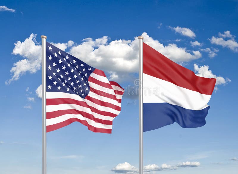 United States of America Vs Netherlands. Thick Colored Silky Flags of