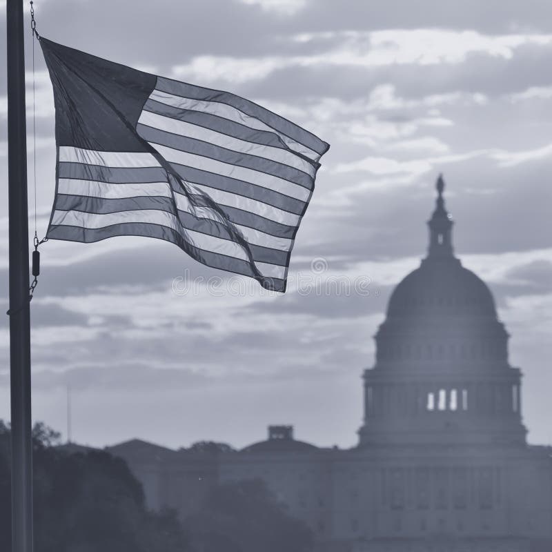 United States Capitol building silhouette at sunrise, Washington DC - Black and White