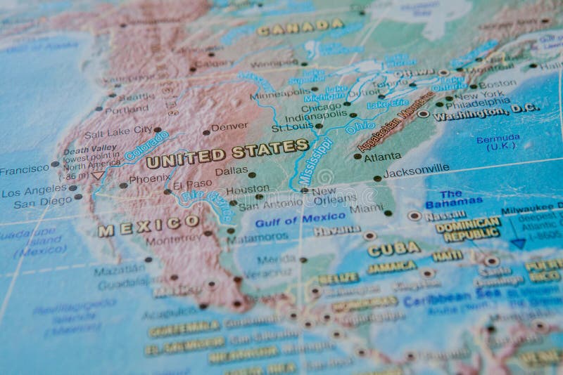 United States in close up on the map. Focus on the name of country. Vignetting effect.
