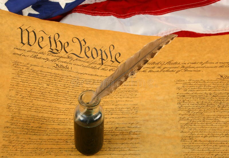 United States Constitution, Quill Pen in Inkwell, and Flag stock image United States Constitution, Quill Pen in Inkwell, and Flag stock image