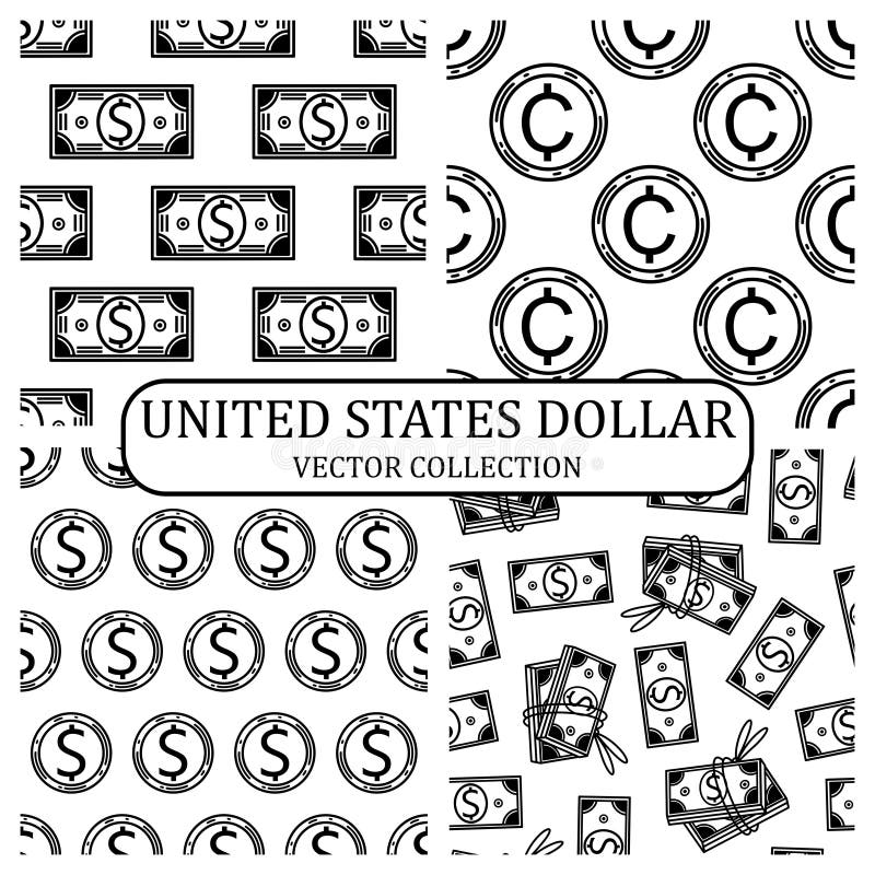 United States dollar. Collection of seamless vector patterns. Coins, cents, banknotes, bills, bank tickets. American money outline