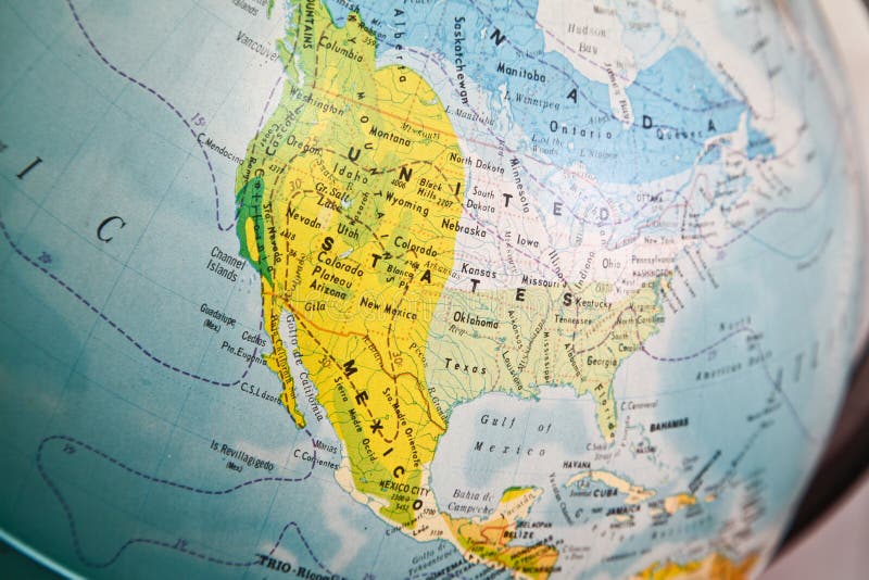 Closeup of United States map on a globe