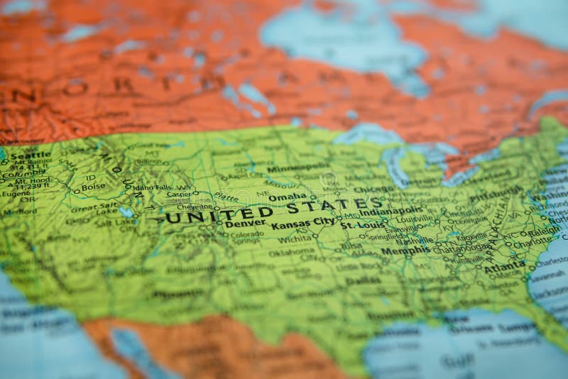 United States on a map. Selective focus on label. Closeup shot