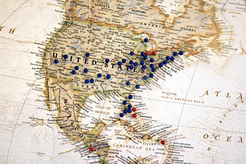 United States map with map tacks. United States map with map tacks.