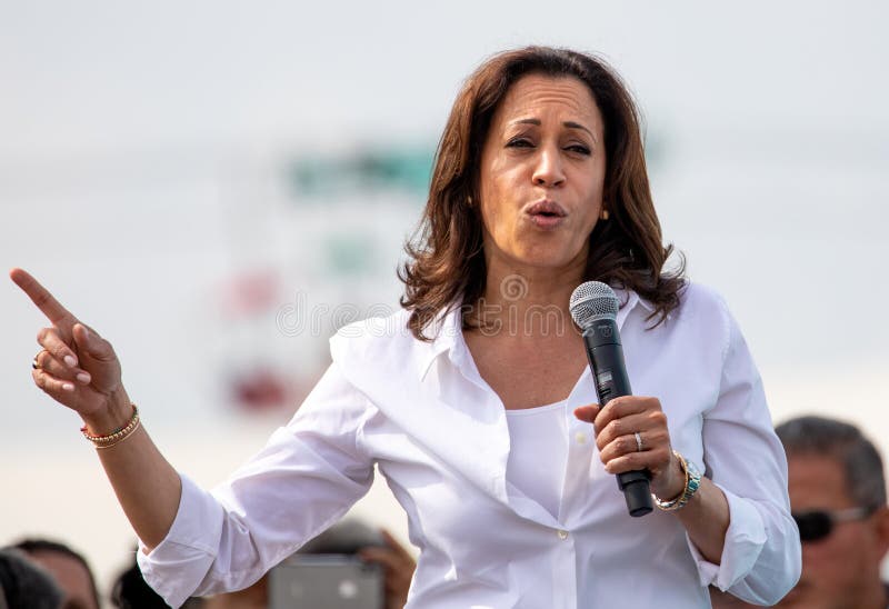 Des Moines, Iowa / USA - August 10, 2019: United States Senator and Democratic presidential candidate Kamala Harris greets supporters at the Iowa State Fair political soapbox in Des Moines, Iowa. Des Moines, Iowa / USA - August 10, 2019: United States Senator and Democratic presidential candidate Kamala Harris greets supporters at the Iowa State Fair political soapbox in Des Moines, Iowa