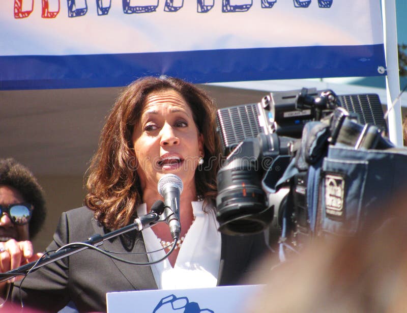 TORRANCE, CALIFORNIA - JULY 3, 2017: U.S. Senator Kamala Harris, Democrat, gives keynote speech at a rally to stop Republican Trumpcare bill and save Obamacare held at Harbor-UCLA Medical Center, Los Angeles County. TORRANCE, CALIFORNIA - JULY 3, 2017: U.S. Senator Kamala Harris, Democrat, gives keynote speech at a rally to stop Republican Trumpcare bill and save Obamacare held at Harbor-UCLA Medical Center, Los Angeles County.