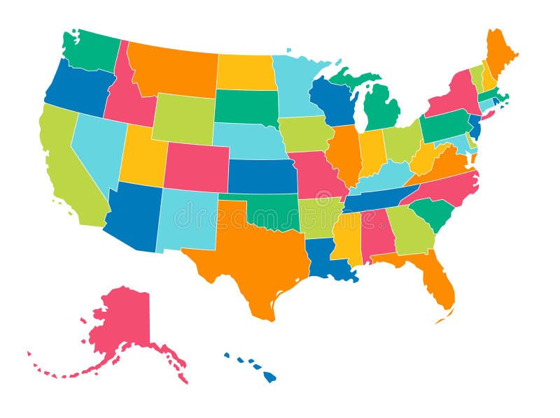 Claro colores lleno mapa político de unido Estados de, aislado sobre fondo blanco.