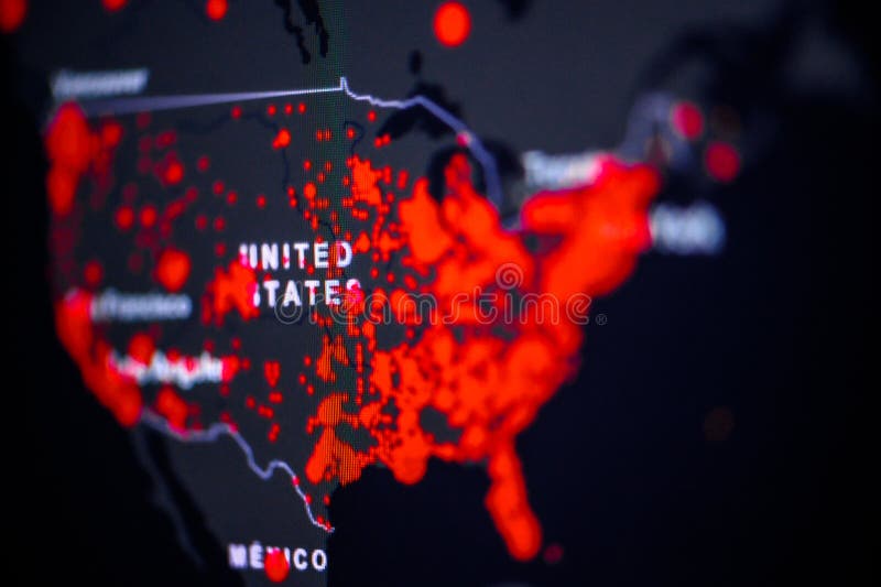 United States, USA . Coronavirus COVID-19 global cases Map. Red Dot showing the number of infected. Johns Hopkins University map