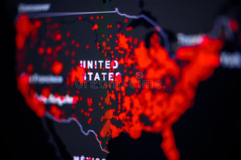 United States, USA . Coronavirus COVID-19 global cases Map. Red Dot showing the number of infected. Johns Hopkins University map