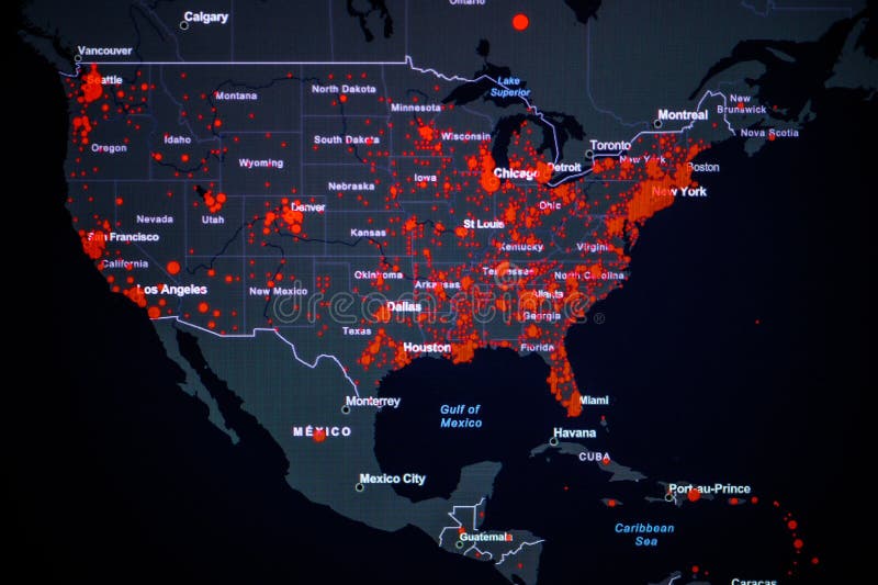 United States, West Coast. Coronavirus COVID-19 global cases Map. Red Dot showing the number of infected. Johns Hopkins University