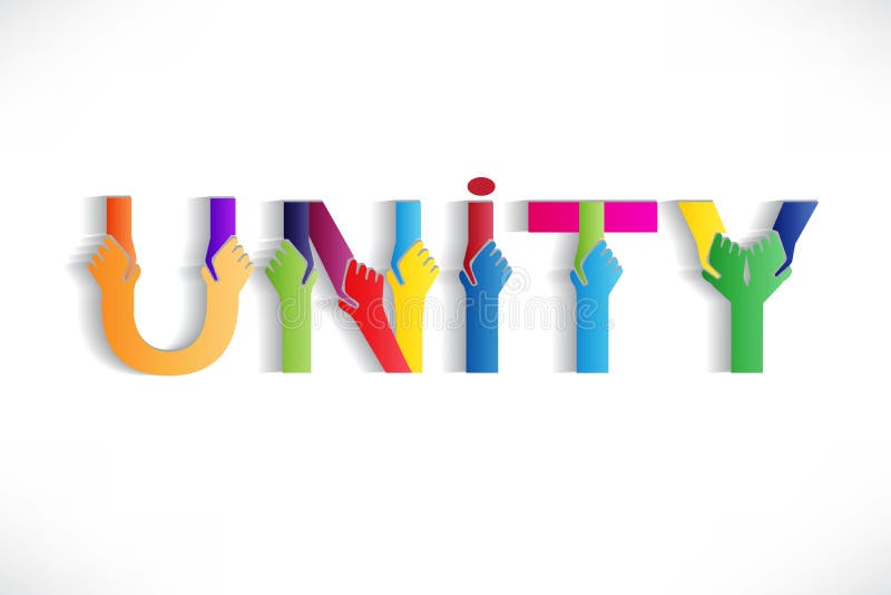 Unity colorful word text with handshaking hands logo