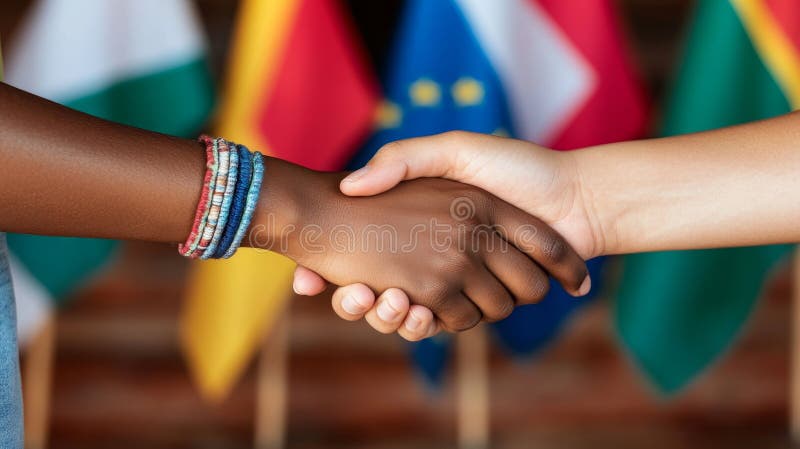 Unity, Diversity and Global Cooperation Two Hands Shaking In Front of International Flags royalty free illustration