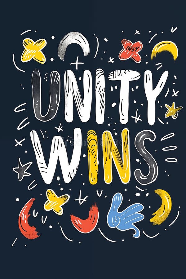Unity wins motivational quote with colorful doodles on dark background royalty free stock photography