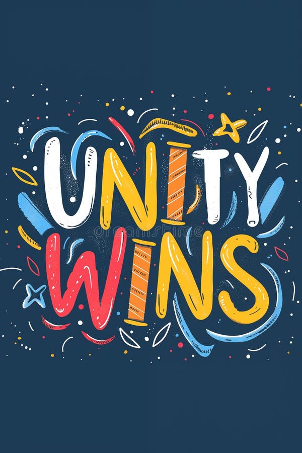 Unity wins poster with colorful typography on blue background, hand-drawn style stock photo