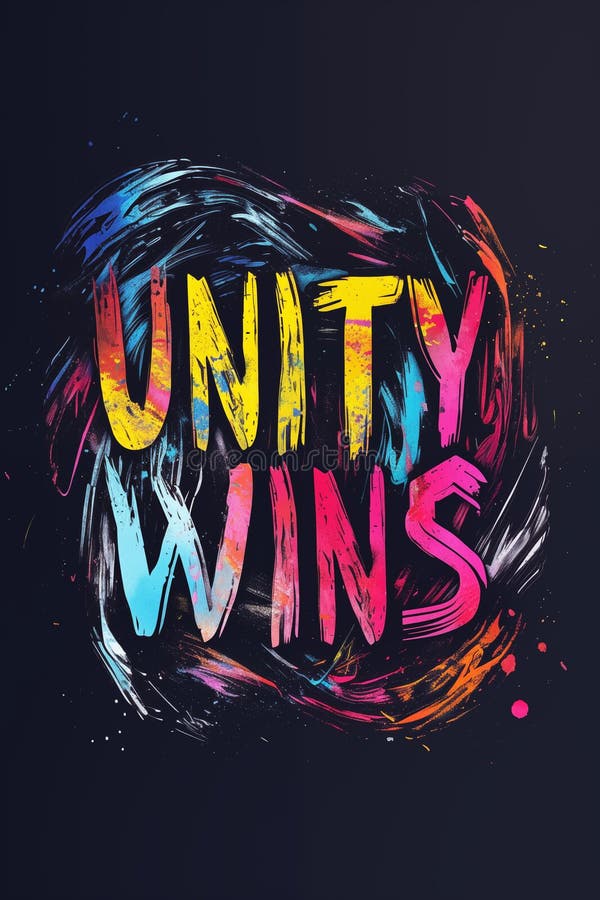 Unity wins text with colorful artistic brushstrokes on dark background stock image