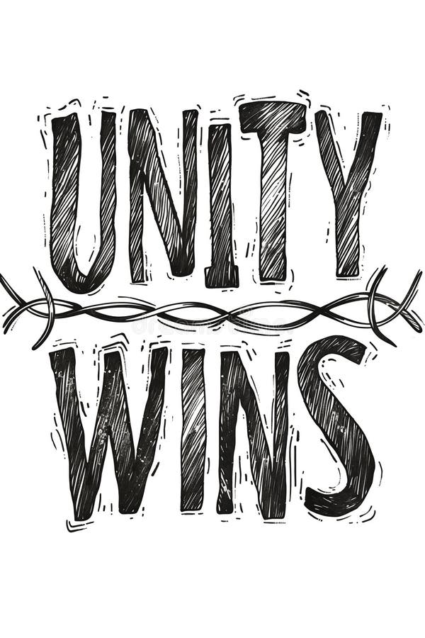 Unity wins typography with barbwire sketch style illustration stock images