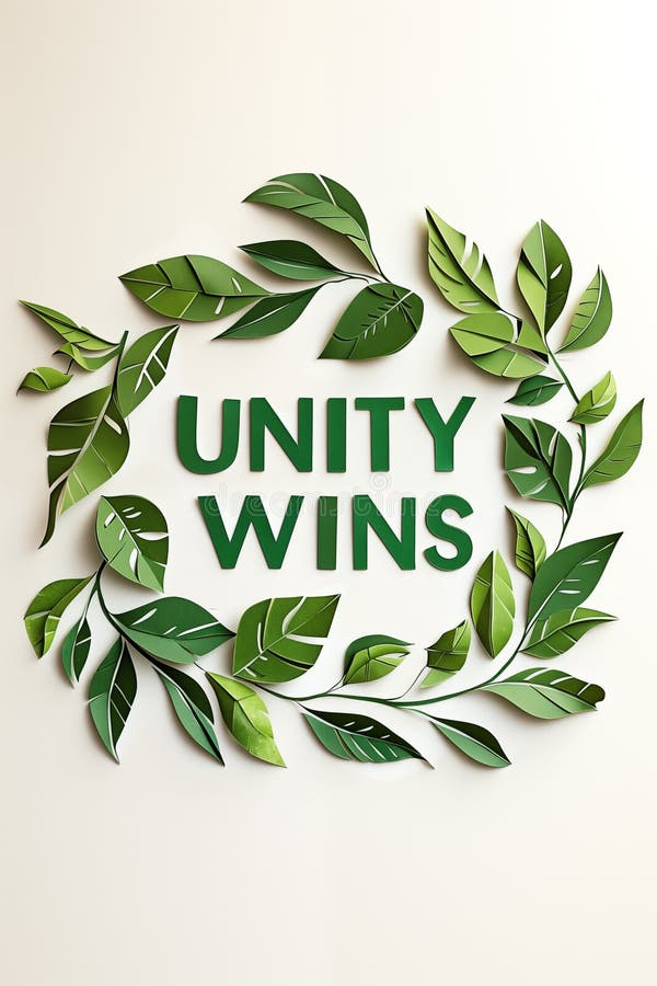 Unity wins words surrounded by green leafy wreath on light background royalty free stock photography