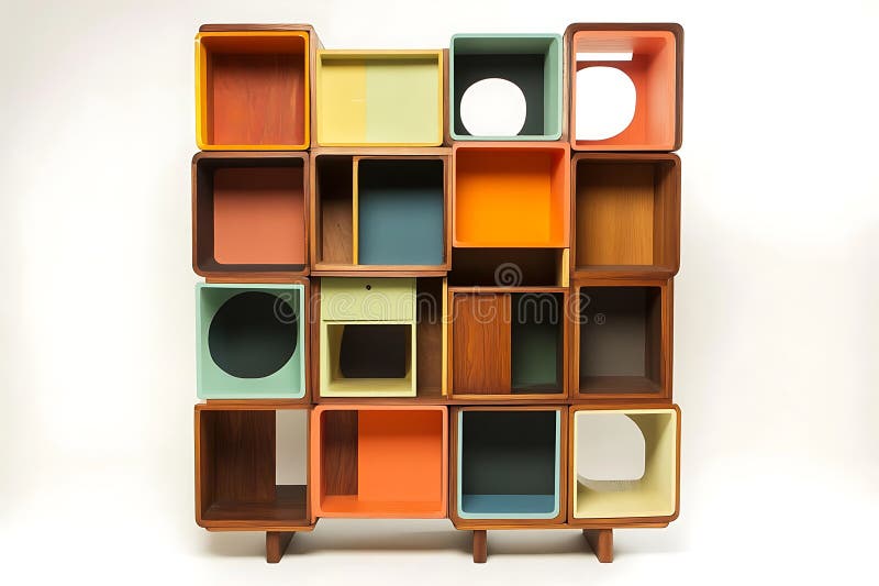 Unità modulare modulare moderna a scaffale medio-century Questo elegante e unico mobile è perfetto per aggiungere una serie di col. Questa immagine mostra un'elegante unità modulare realizzata in legno con diversi scomparti colorati. Il design moderno di metà secolo offre una soluzione di storage unica e funzionale per qualsiasi spazio. L'opera è ideale per gli uffici o per gli ambienti commerciali, in cerca di un tocco retro