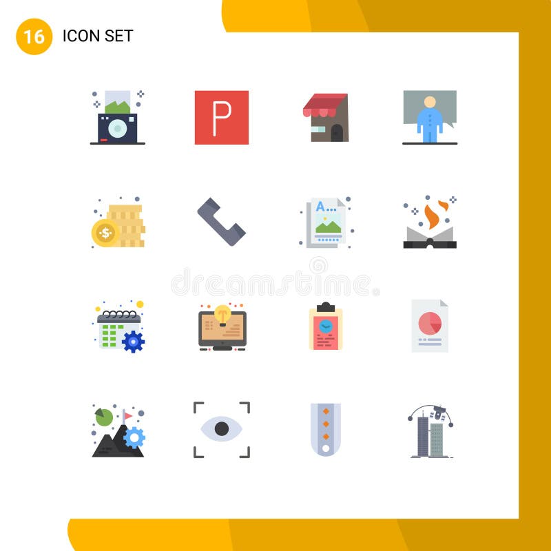 Flat Color Pack of 16 Universal Symbols of dollar, coin, online, presentation, lecture. 16 Universal Flat Colors Set for Web and Mobile Applications dollar, coin, online, presentation, lecture Editable Pack of Creative Vector Design Elements
