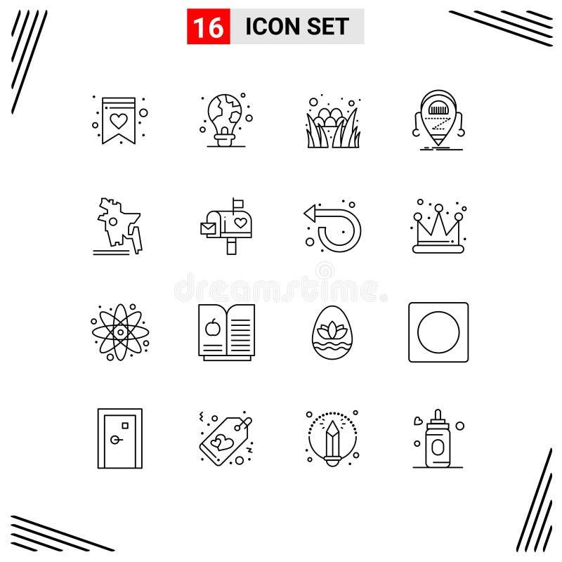Universal Icon Symbols Group of 16 Modern Outlines of map, robot, egg, droid, android stock illustration