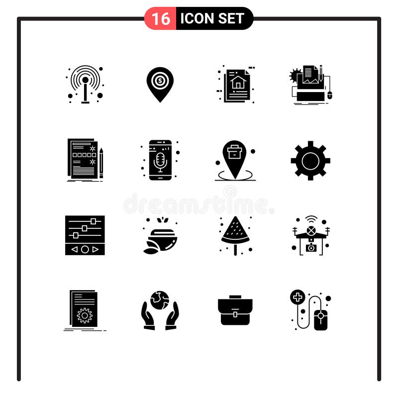 Universal Icon Symbols Group of 16 Modern Solid Glyphs of keyboard, computer, architecture, paper, program algorithm stock illustration