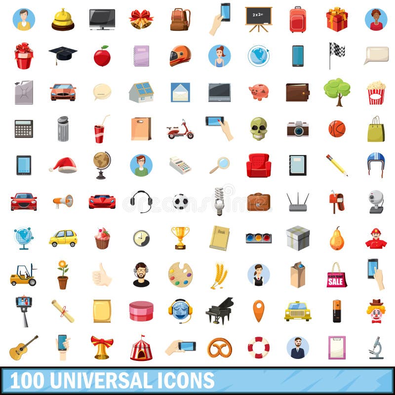 100 universal icons set, cartoon style stock illustration 100 universal icons set, cartoon style stock illustration