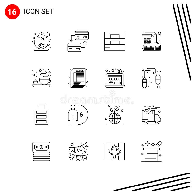 16 Universal Outlines Set for Web and Mobile Applications breakfast, keyboard, accessories, creative, coding royalty free illustration