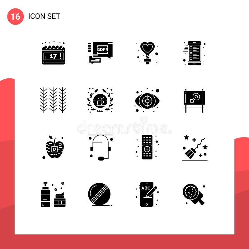 16 Universal Solid Glyphs Set for Web and Mobile Applications wheat, food, sign, cereal, mobile vector illustration