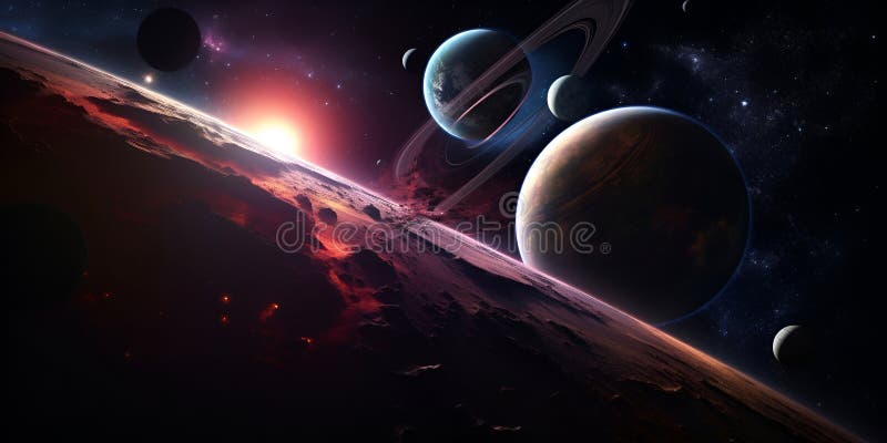 Universe scene with planets, stars and galaxies in outer space showing the beauty of space exploration. stock illustration.