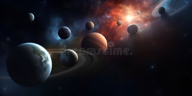 Universe scene with planets, stars and galaxies in outer space showing the beauty of space exploration. royalty free illustration.