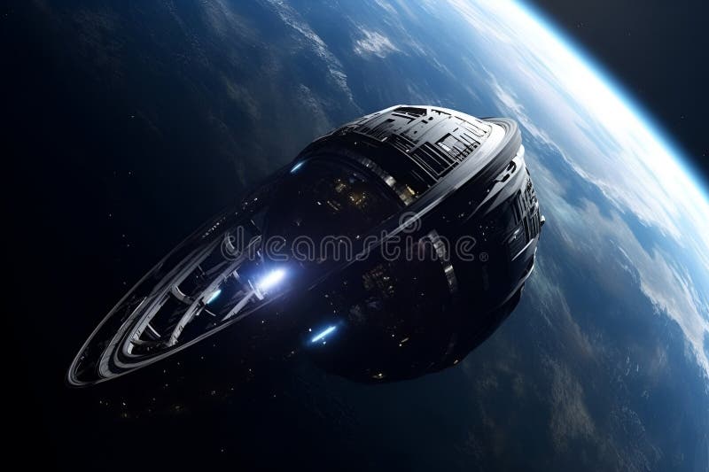 Universe scene with spaceship, planets and stars in outer space. vector illustration.