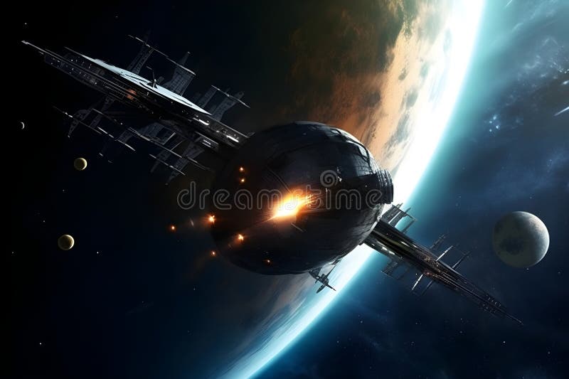 Universe scene with spaceship, planets and stars in outer space. Generative AI royalty free illustration