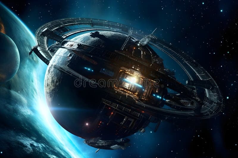 Universe scene with spaceship, planets and stars in outer space. Generative AI vector illustration