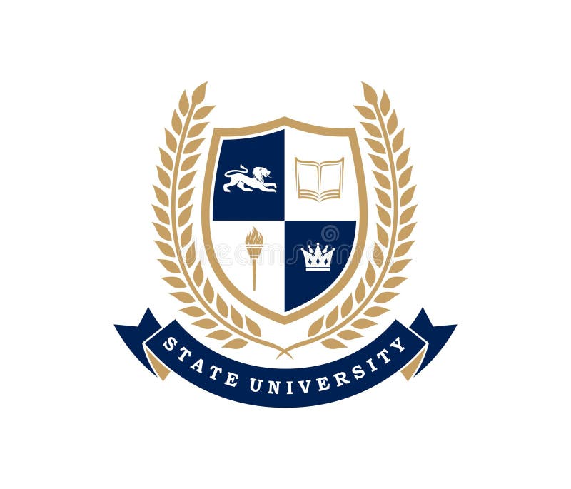 University icon featuring shield, laurel branches stock illustration
