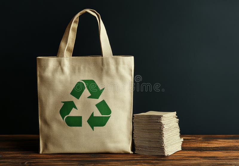 Uniwersalny symbol recyklingu na ekologicznym torebce jest widoczny obok sprytnego stosu składanych zdjęcie stock