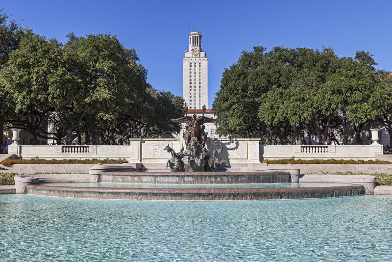 University of Texas at Austin Main Tower Building and Littlefield Fountain. University of Texas at Austin Main Tower Building and Littlefield Fountain