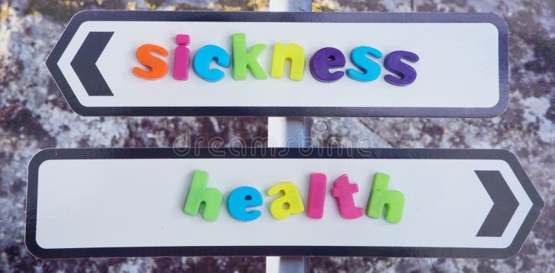 An image of a sign post with two arrows labeled sickness and health as in the marriage vows. The words are in colorful lower case text and there is a plain background on each sign. An image of a sign post with two arrows labeled sickness and health as in the marriage vows. The words are in colorful lower case text and there is a plain background on each sign.