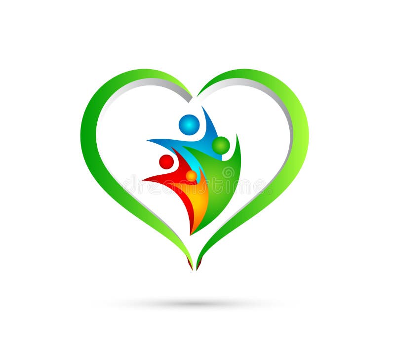 Unión, amor y cuidado de la familia en un corazón verde con el elemento del vector del icono del logotipo de la forma de la salud stock de ilustración Unión, amor y cuidado de la familia en un corazón verde con el elemento del vector del icono del logotipo de la forma de la salud stock de ilustración