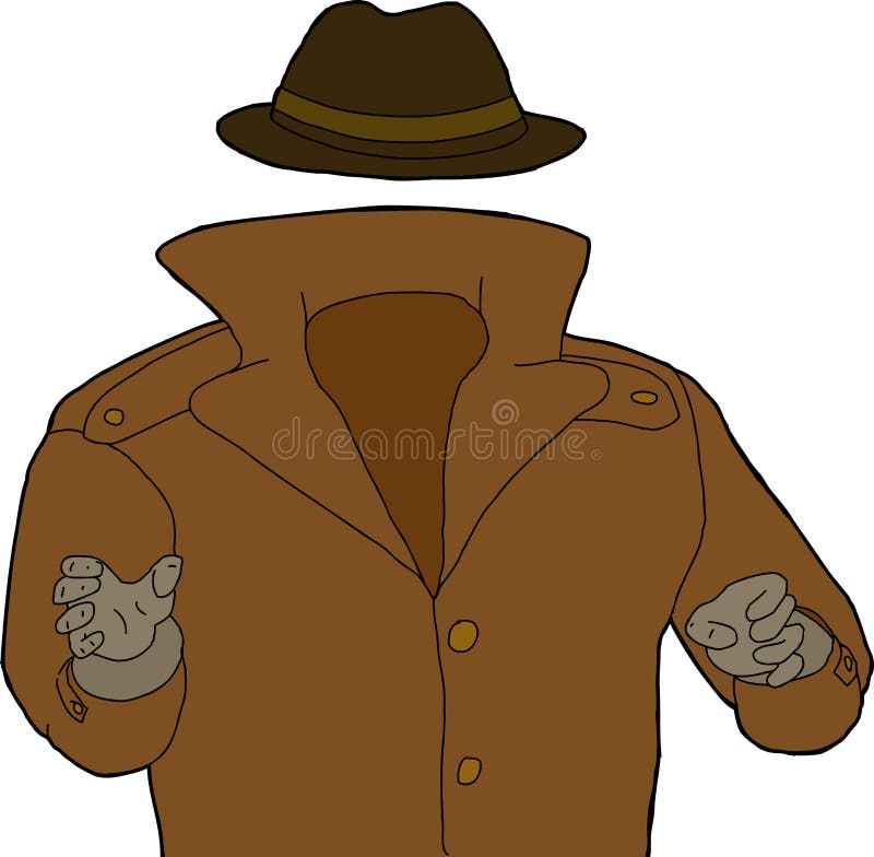 Cartoon of trench coat and hat around invisible man. Cartoon of trench coat and hat around invisible man