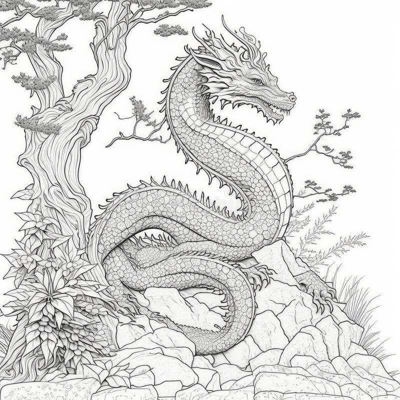 Dragon Dreams: Intricate Coloring Pages for Adult Creativity Stock
