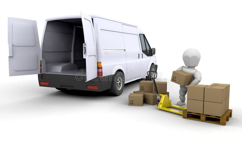 3D render of someone unloading a van. Stack vehicle illustrations