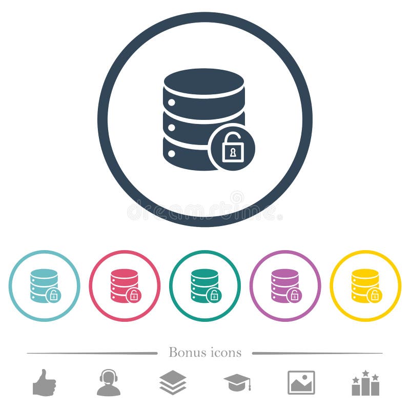 Unlock database flat color icons in round outlines stock illustration