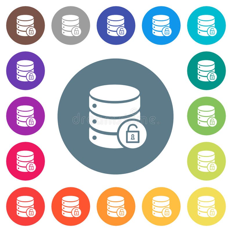 Unlock database flat white icons on round color backgrounds stock illustration