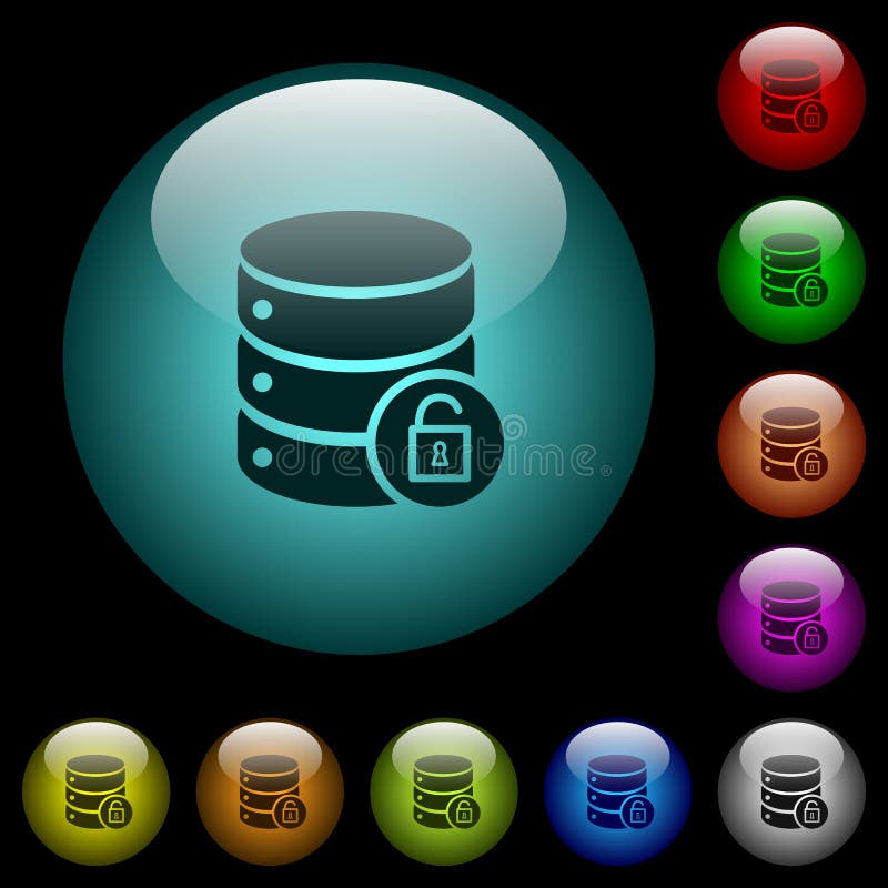 Unlock database icons in color illuminated glass buttons vector illustration